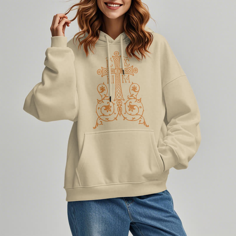 Christianartworkshop Classic Style Sacred Cross Emblem Floral Vines Fleece Lined Polyester Hoodie - image 14