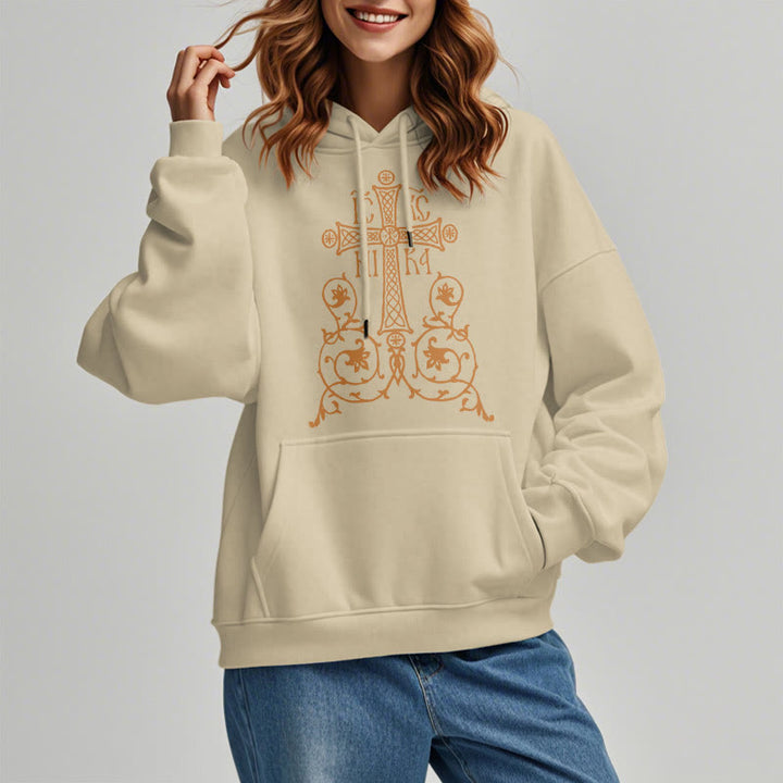 Christianartworkshop Classic Style Sacred Cross Emblem Floral Vines Fleece Lined Polyester Hoodie - image 14