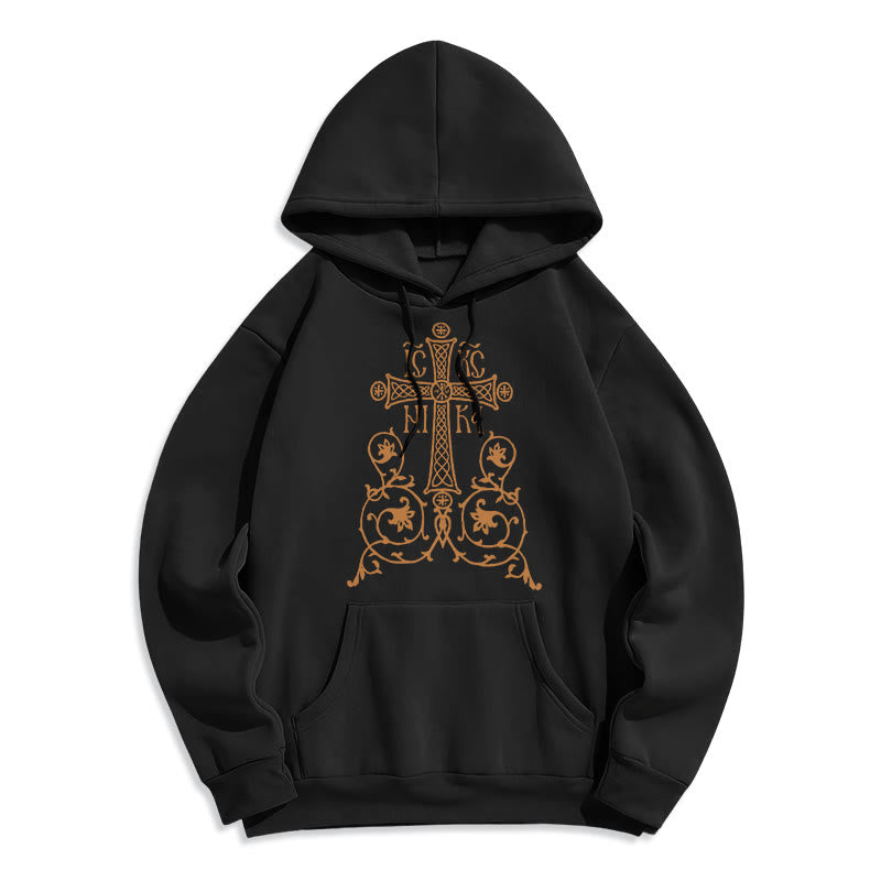 Christianartworkshop Classic Style Sacred Cross Emblem Floral Vines Fleece Lined Polyester Hoodie - Black - 2XL - image 1
