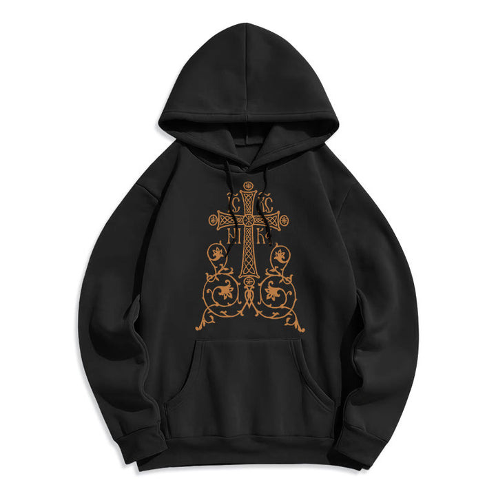 Christianartworkshop Classic Style Sacred Cross Emblem Floral Vines Fleece Lined Polyester Hoodie - Black - 2XL - image 1
