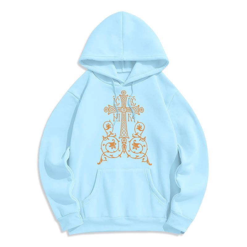 Christianartworkshop Classic Style Sacred Cross Emblem Floral Vines Fleece Lined Polyester Hoodie - Blue - 2XL - image 26