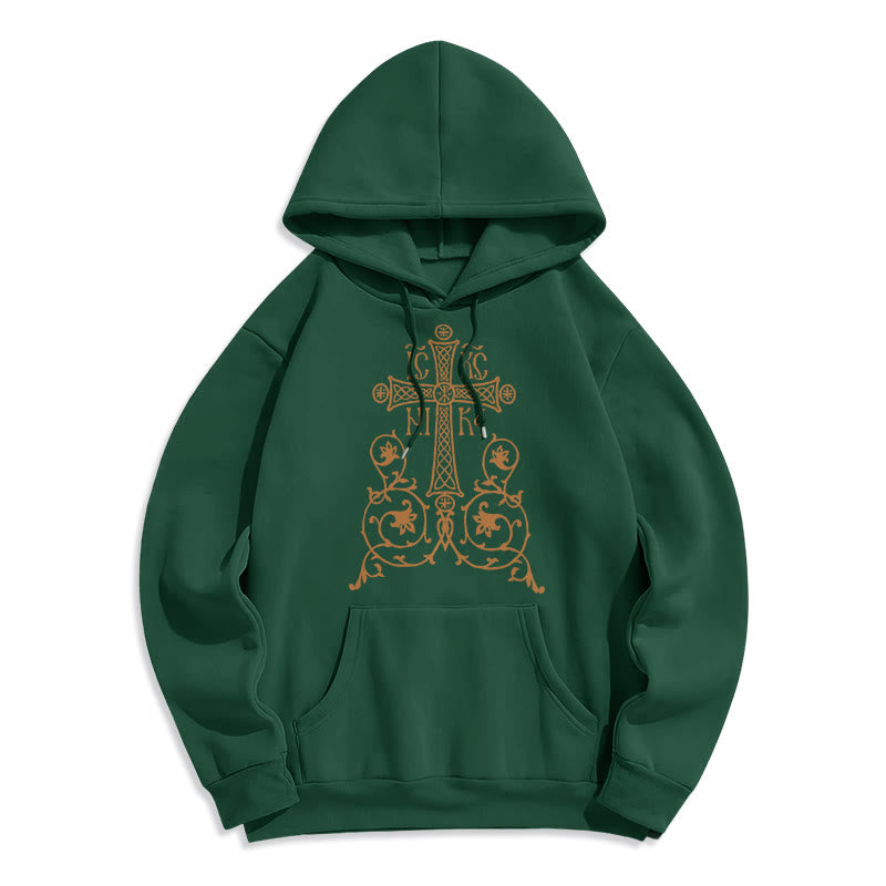 Christianartworkshop Classic Style Sacred Cross Emblem Floral Vines Fleece Lined Polyester Hoodie - Green - 2XL - image 21