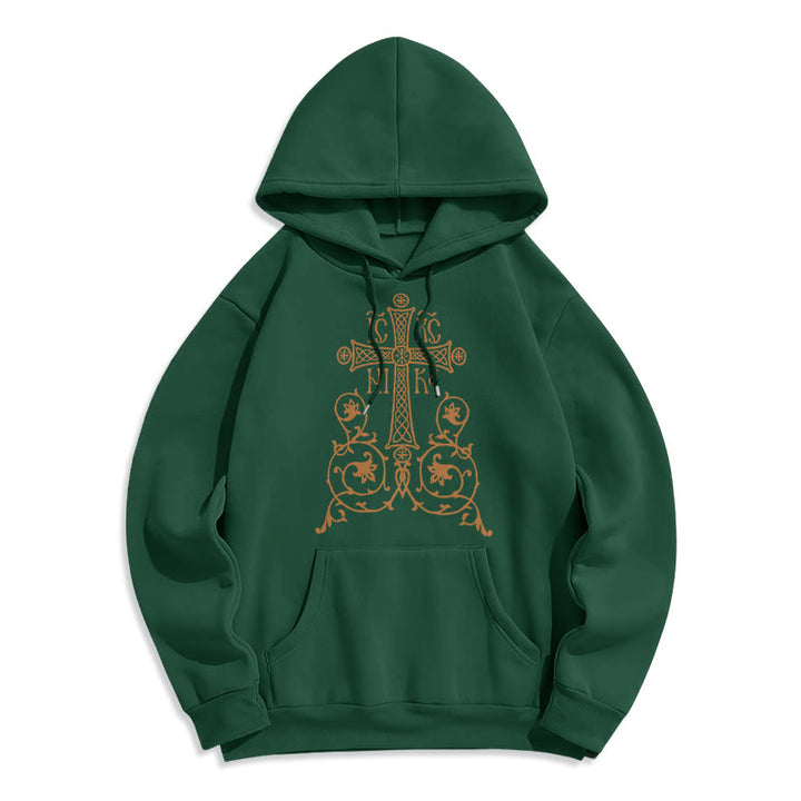 Christianartworkshop Classic Style Sacred Cross Emblem Floral Vines Fleece Lined Polyester Hoodie - Green - 2XL - image 21