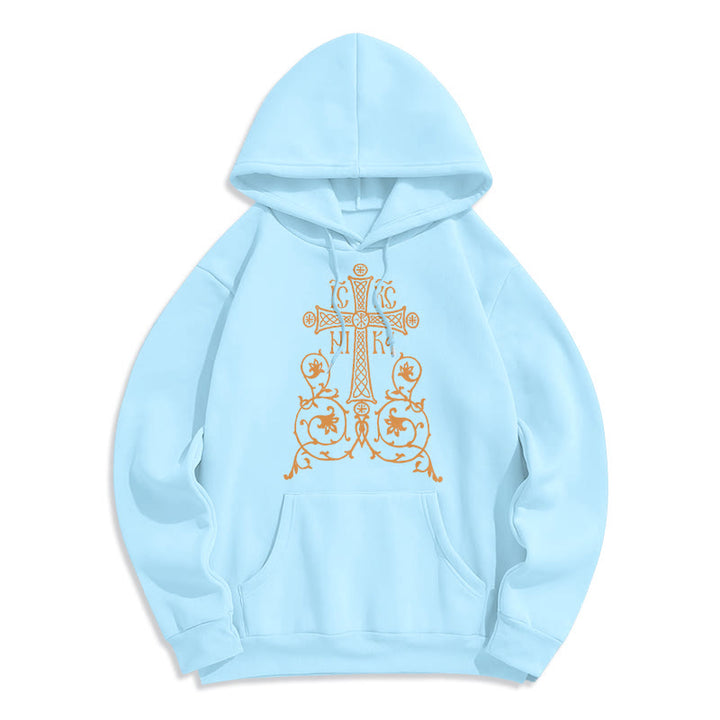 Christianartworkshop Classic Style Sacred Cross Emblem Floral Vines Fleece Lined Polyester Hoodie - Blue - 2XL - image 25