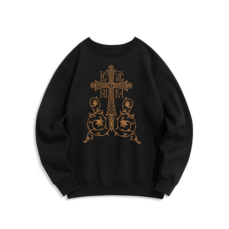 Christianartworkshop Classic Style Sacred Cross Emblem Floral Vines Fleece Lined Polyester Sweatshirt - Black - 2XL - image 1