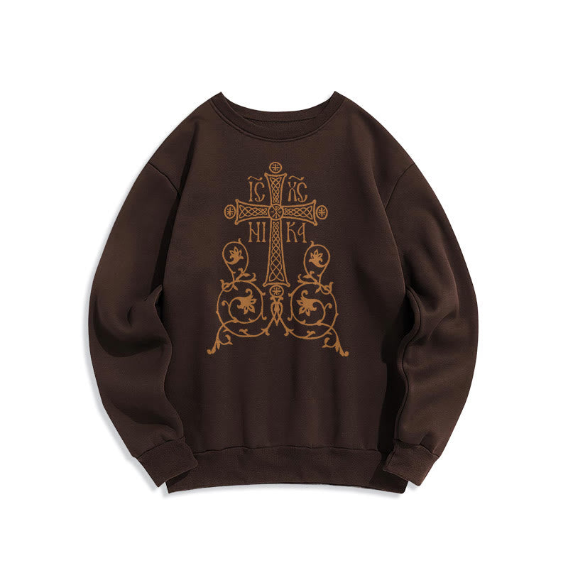 Christianartworkshop Classic Style Sacred Cross Emblem Floral Vines Fleece Lined Polyester Sweatshirt - Brown - 2XL - image 16