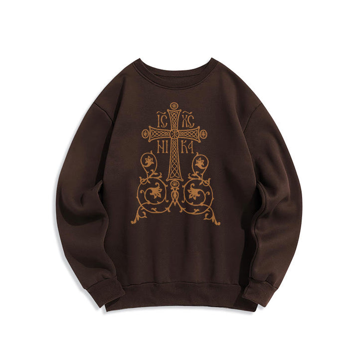 Christianartworkshop Classic Style Sacred Cross Emblem Floral Vines Fleece Lined Polyester Sweatshirt - Brown - 2XL - image 16