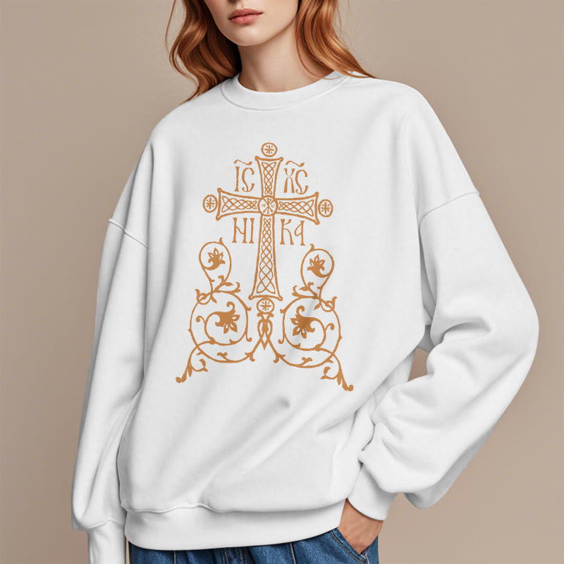 Christianartworkshop Classic Style Sacred Cross Emblem Floral Vines Fleece Lined Polyester Sweatshirt - image 8