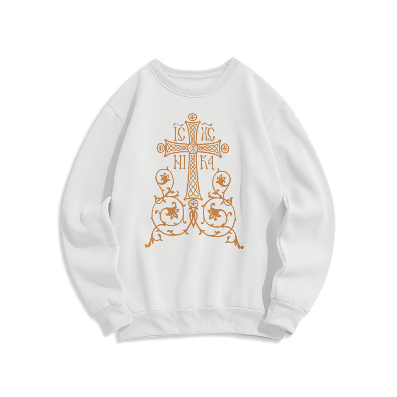 Christianartworkshop Classic Style Sacred Cross Emblem Floral Vines Fleece Lined Polyester Sweatshirt - White - 2XL - image 6