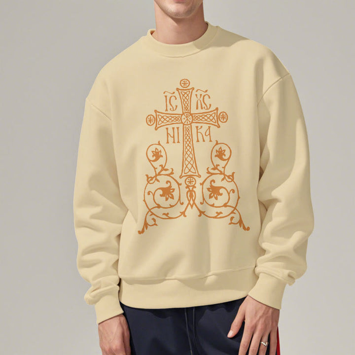 Christianartworkshop Classic Style Sacred Cross Emblem Floral Vines Fleece Lined Polyester Sweatshirt - image 13