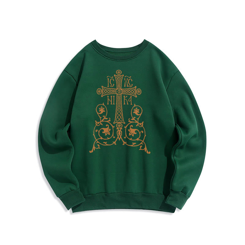 Christianartworkshop Classic Style Sacred Cross Emblem Floral Vines Fleece Lined Polyester Sweatshirt - Green - 2XL - image 21