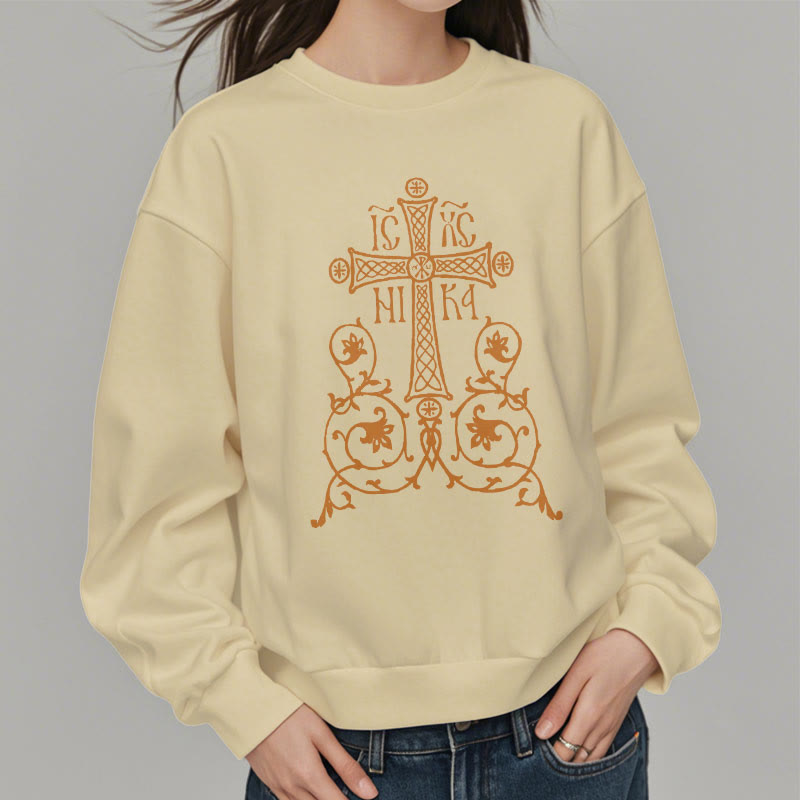 Christianartworkshop Classic Style Sacred Cross Emblem Floral Vines Fleece Lined Polyester Sweatshirt - image 14