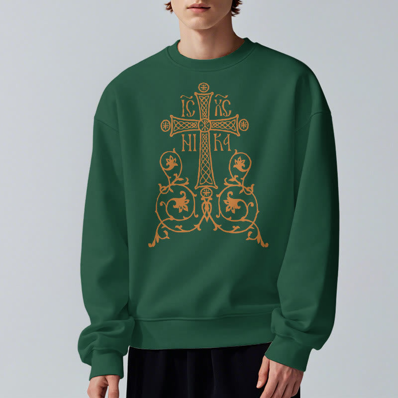 Christianartworkshop Classic Style Sacred Cross Emblem Floral Vines Fleece Lined Polyester Sweatshirt - image 23