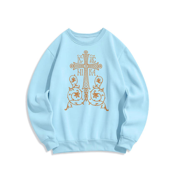 Christianartworkshop Classic Style Sacred Cross Emblem Floral Vines Fleece Lined Polyester Sweatshirt - Blue - 2XL - image 26