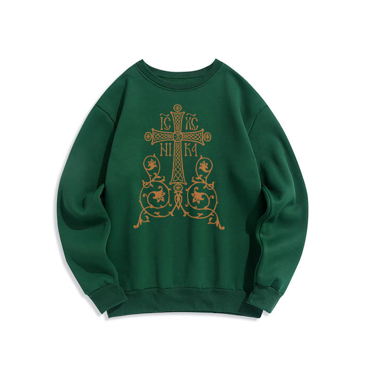 Christianartworkshop Classic Style Sacred Cross Emblem Floral Vines Fleece Lined Polyester Sweatshirt - Green - 2XL - image 20