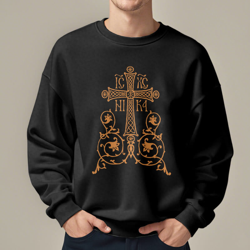 Christianartworkshop Classic Style Sacred Cross Emblem Floral Vines Fleece Lined Polyester Sweatshirt - image 2