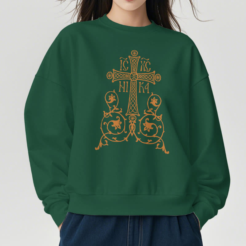 Christianartworkshop Classic Style Sacred Cross Emblem Floral Vines Fleece Lined Polyester Sweatshirt - image 23