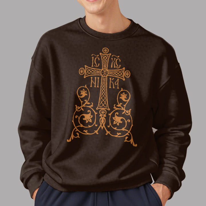 Christianartworkshop Classic Style Sacred Cross Emblem Floral Vines Fleece Lined Polyester Sweatshirt - image 18