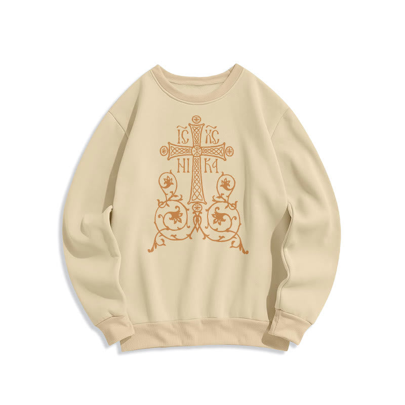 Christianartworkshop Classic Style Sacred Cross Emblem Floral Vines Fleece Lined Polyester Sweatshirt - Beige - 2XL - image 10