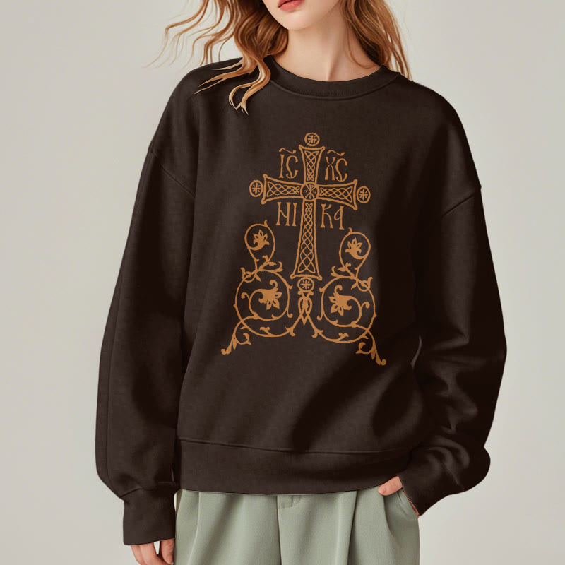 Christianartworkshop Classic Style Sacred Cross Emblem Floral Vines Fleece Lined Polyester Sweatshirt - image 19