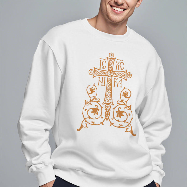 Christianartworkshop Classic Style Sacred Cross Emblem Floral Vines Fleece Lined Polyester Sweatshirt - image 9