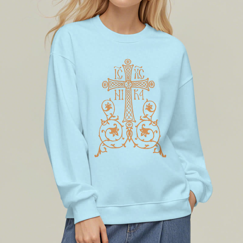 Christianartworkshop Classic Style Sacred Cross Emblem Floral Vines Fleece Lined Polyester Sweatshirt - image 28