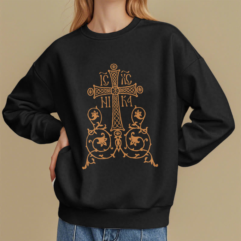 Christianartworkshop Classic Style Sacred Cross Emblem Floral Vines Fleece Lined Polyester Sweatshirt - image 2