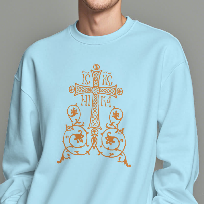 Christianartworkshop Classic Style Sacred Cross Emblem Floral Vines Fleece Lined Polyester Sweatshirt - image 29