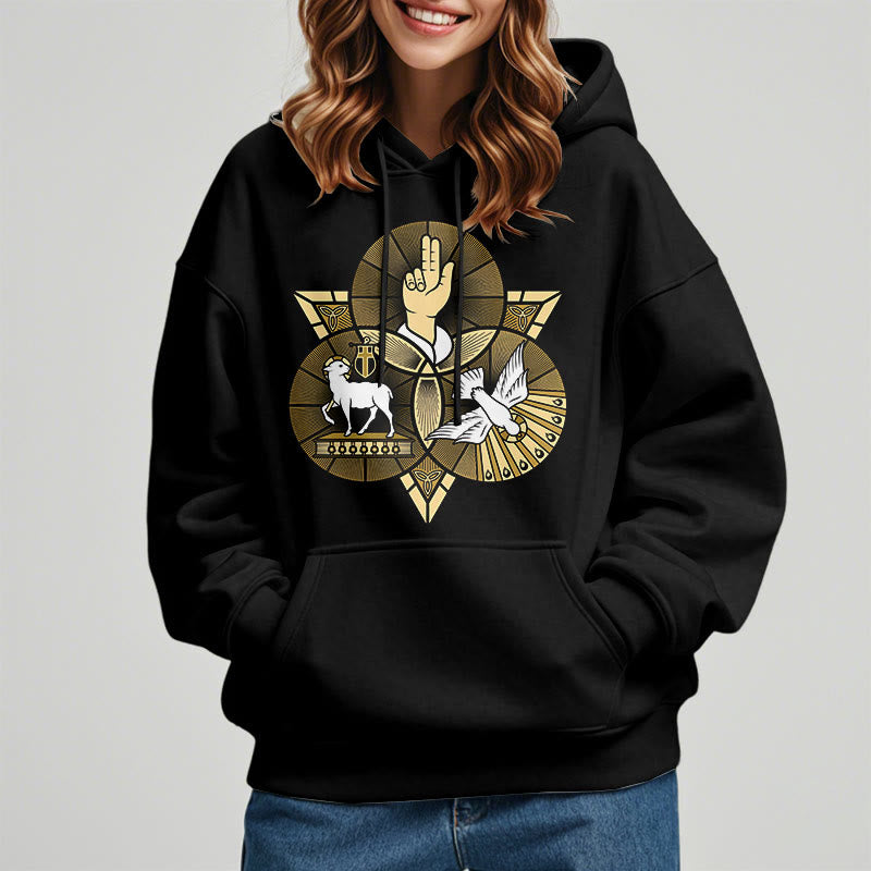 Christianartworkshop Modern Style St. Benedict Lamb Of God Dove Fleece Lined Polyester Hoodie - image 2