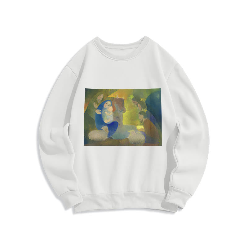 Christianartworkshop Classic Colored Style Nativity Scene Holy Night Fleece Lined Polyester Sweatshirt - White - 2XL - image 1