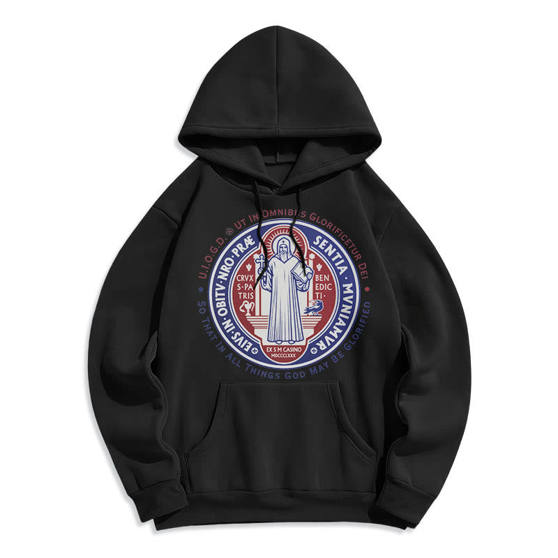 Christianartworkshop Classic Colored Style St. Benedict Medal Emblem Fleece Lined Polyester Hoodie - Black - 2XL - image 1