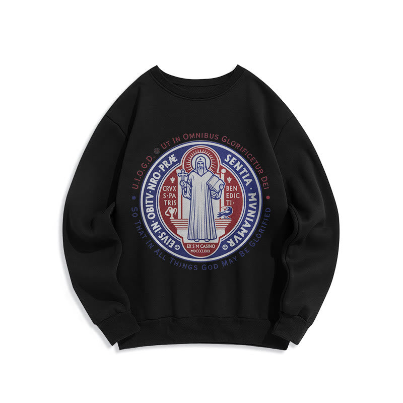 Christianartworkshop  Classic Colored Style St. Benedict Medal Emblem Fleece Lined Polyester Sweatshirt - Black - 2XL - image 1