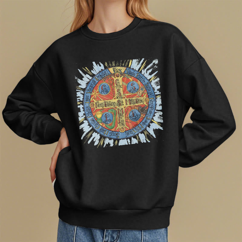 Christianartworkshop Classic Colored Style Pax Benedictine Cross Fleece Lined Polyester Sweatshirt - image 2