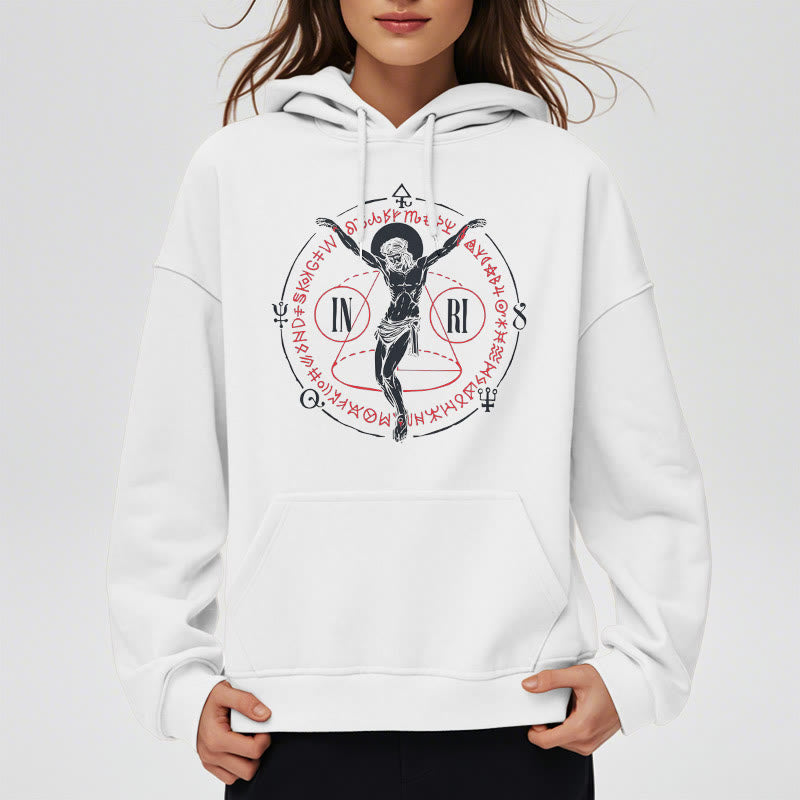 Christianartworkshop Classic Style Sacred INRI Crucifix Faith Fleece Lined Polyester Hoodie - image 2