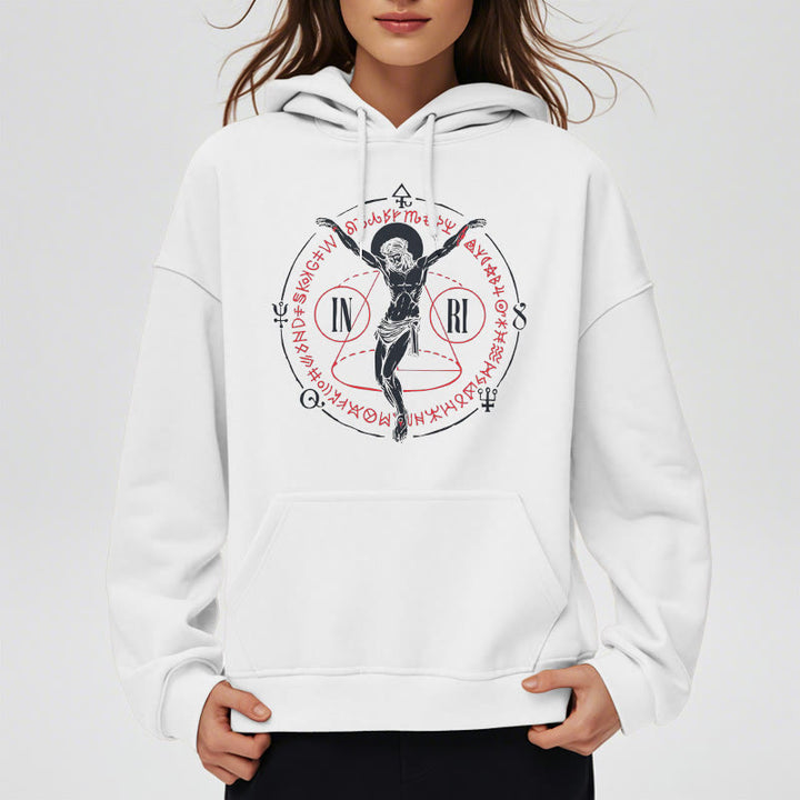 Christianartworkshop Classic Style Sacred INRI Crucifix Faith Fleece Lined Polyester Hoodie - image 2
