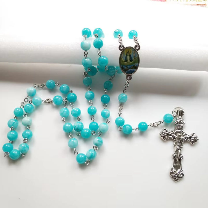 Christianartworkshop Virgin Mary & Crucifix of 8 mm Round Blue Stone Alloy Chain Rosary - image 6