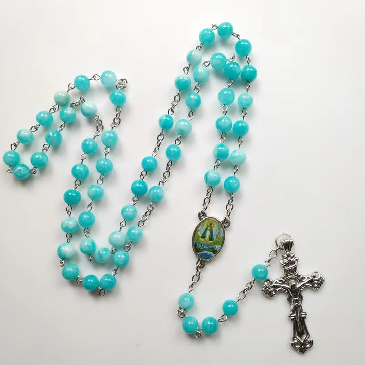 Christianartworkshop Virgin Mary & Crucifix of 8 mm Round Blue Stone Alloy Chain Rosary - image 3