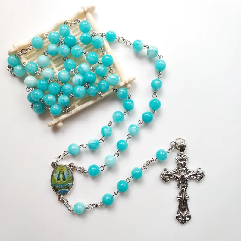 Christianartworkshop Virgin Mary & Crucifix of 8 mm Round Blue Stone Alloy Chain Rosary - image 5