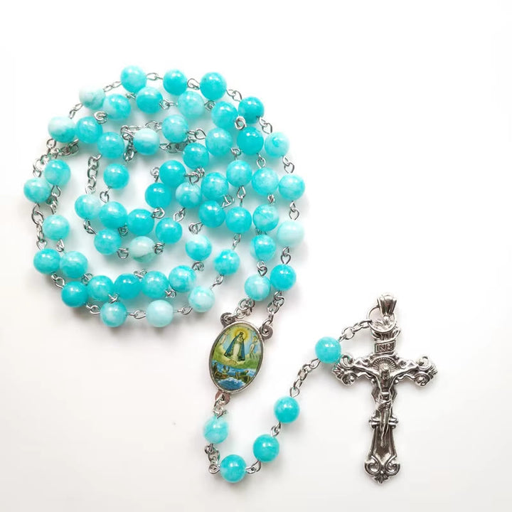 Christianartworkshop Virgin Mary & Crucifix of 8 mm Round Blue Stone Alloy Chain Rosary - image 4