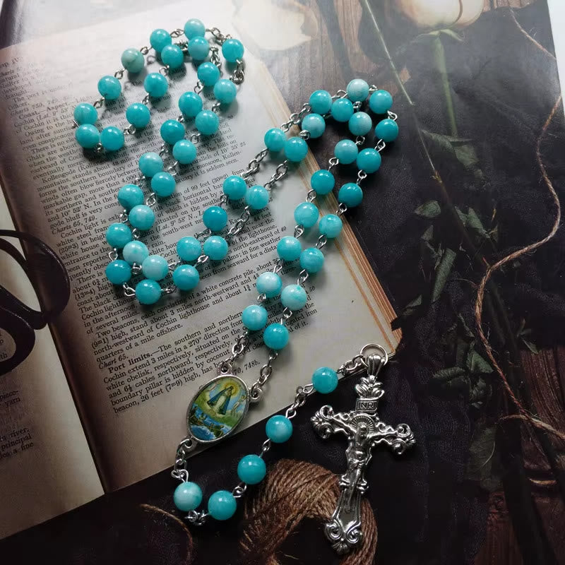 Christianartworkshop Virgin Mary & Crucifix of 8 mm Round Blue Stone Alloy Chain Rosary - image 2