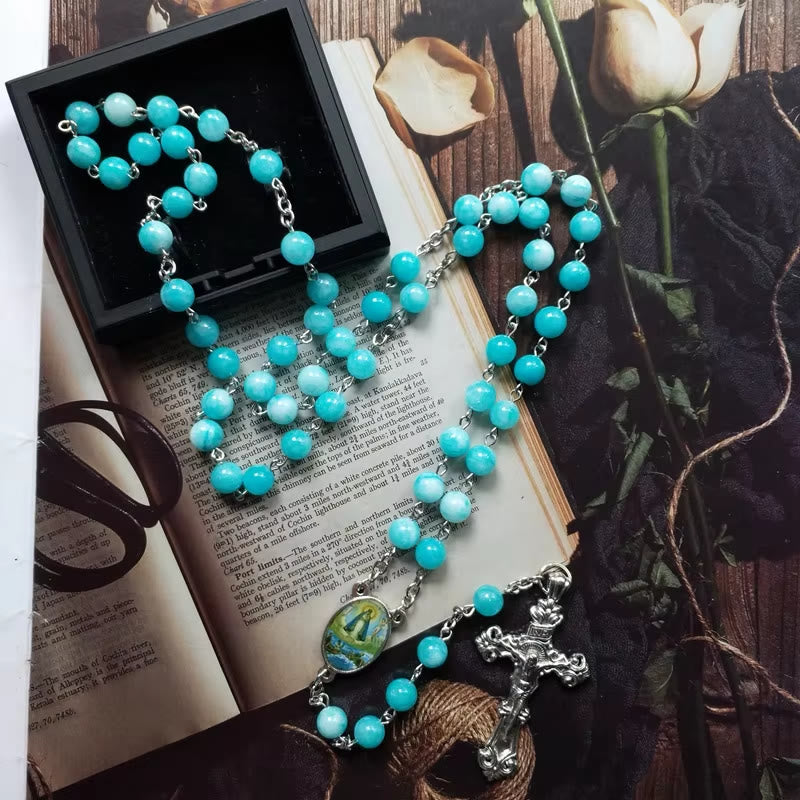Christianartworkshop Virgin Mary & Crucifix of 8 mm Round Blue Stone Alloy Chain Rosary - Blue - image 1