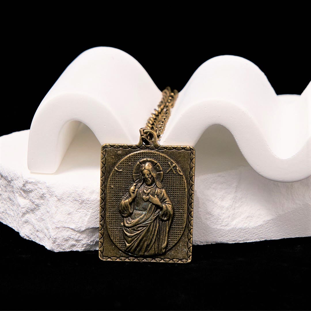 Christianartworkshop European Style Classical Bronze Sculptured Sacred Heart Cross Necklace - image 2