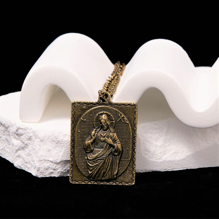 Christianartworkshop European Style Classical Bronze Sculptured Sacred Heart Cross Necklace - image 2