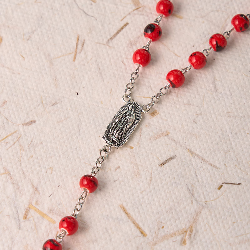 Christianartworkshop Our Lady of Guadalupe & Crucifix of 8 mm Round Red Ceramics Alloy Chain Rosary - image 5