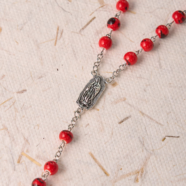 Christianartworkshop Our Lady of Guadalupe & Crucifix of 8 mm Round Red Ceramics Alloy Chain Rosary - image 5
