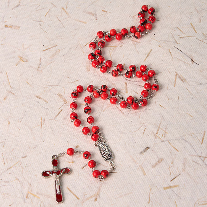 Christianartworkshop Our Lady of Guadalupe & Crucifix of 8 mm Round Red Ceramics Alloy Chain Rosary - image 4