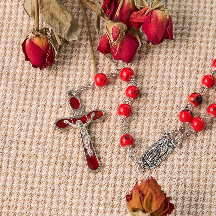 Christianartworkshop Our Lady of Guadalupe & Crucifix of 8 mm Round Red Ceramics Alloy Chain Rosary - image 3