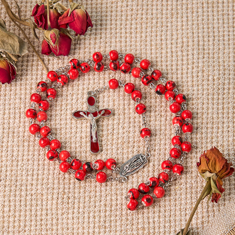 Christianartworkshop Our Lady of Guadalupe & Crucifix of 8 mm Round Red Ceramics Alloy Chain Rosary - image 2