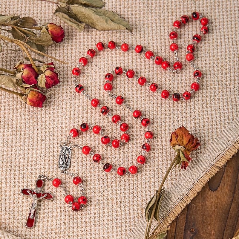 Christianartworkshop Our Lady of Guadalupe & Crucifix of 8 mm Round Red Ceramics Alloy Chain Rosary - Red - image 0