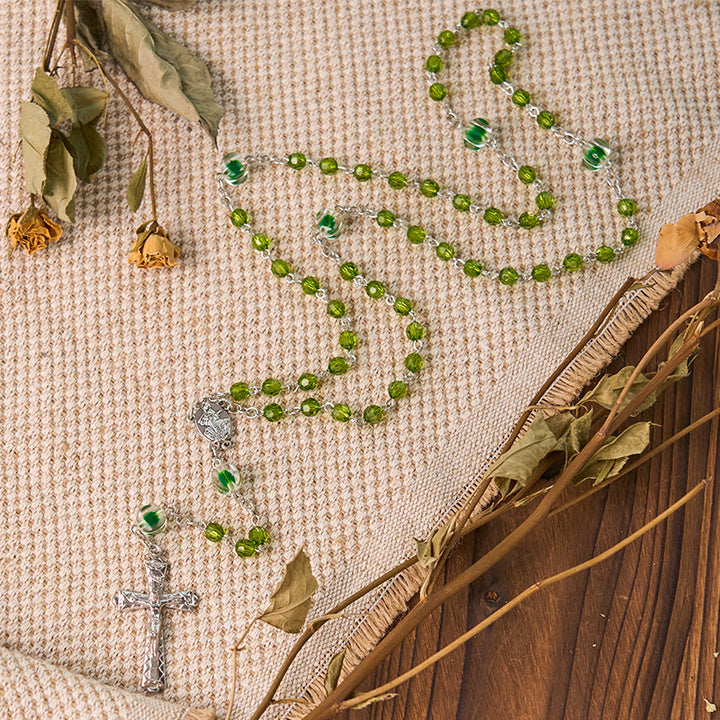 Christianartworkshop Assumption of Virgin Mary & Crucifix of 6 mm Polyhedron Green Crystal Alloy Chain Rosary - image 4